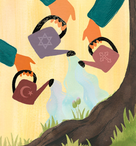 Three hands hold three watering cans, which are watering the base of a tree. One can is marked with a crescent moon and star, one with a Star of David, and one with a cross.